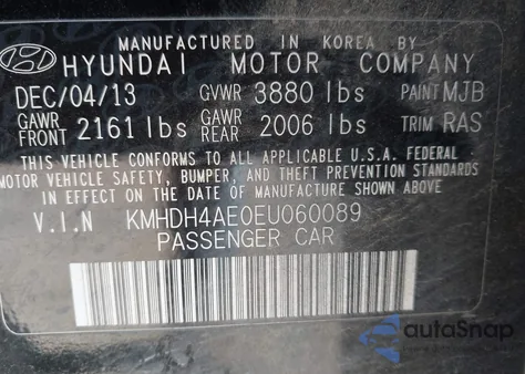 2014 Hyundai Elantra Se from USA, damaged, VIN KMHDH4AE0EU060089